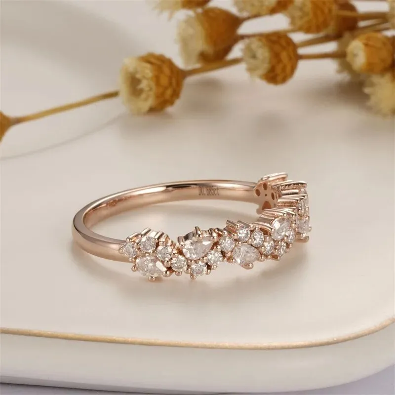 Vintage 14k Rose Gold Pear & Round Cut Diamond Wedding Band
