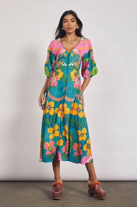 Vivid Puff Sleeve Midi Dress