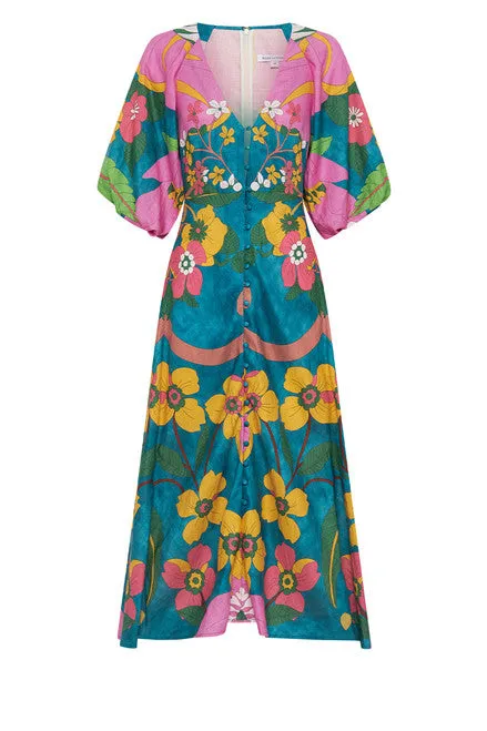 Vivid Puff Sleeve Midi Dress