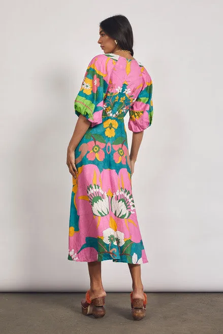 Vivid Puff Sleeve Midi Dress
