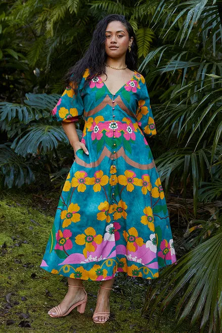Vivid Puff Sleeve Midi Dress