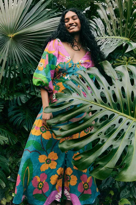 Vivid Puff Sleeve Midi Dress
