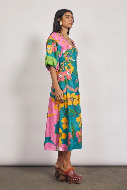 Vivid Puff Sleeve Midi Dress
