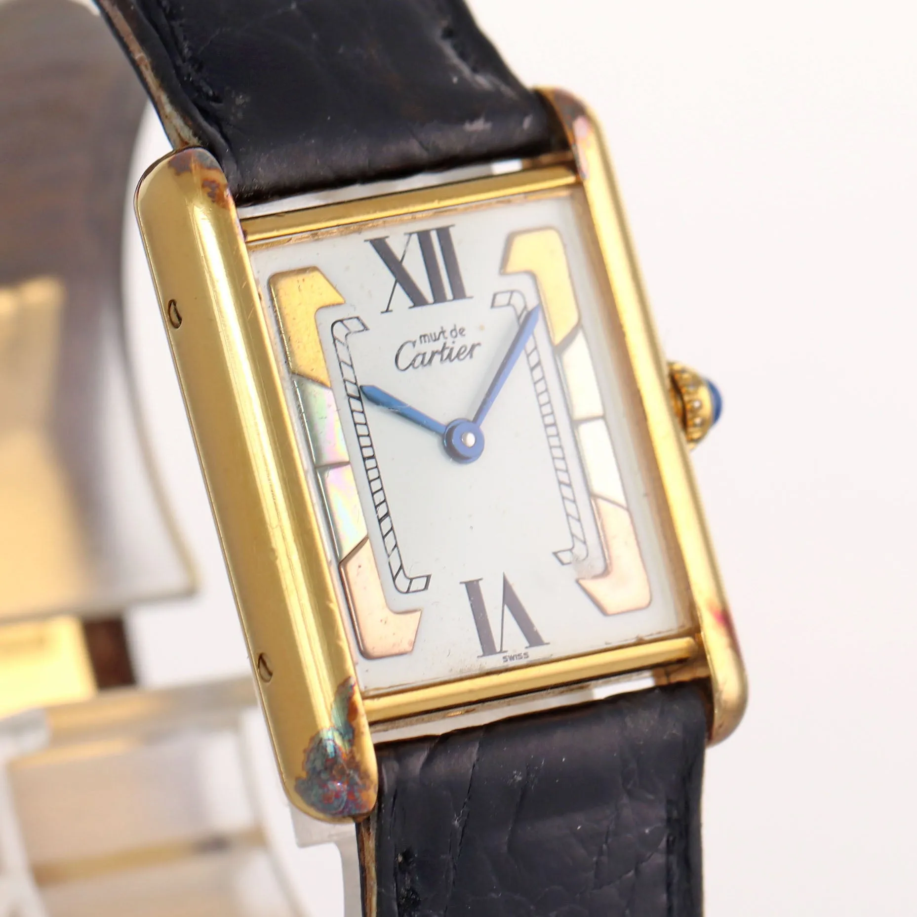VTG Ladies Must de Cartier Tank Vermeil Gold Tri Color White Roman Quartz Watch