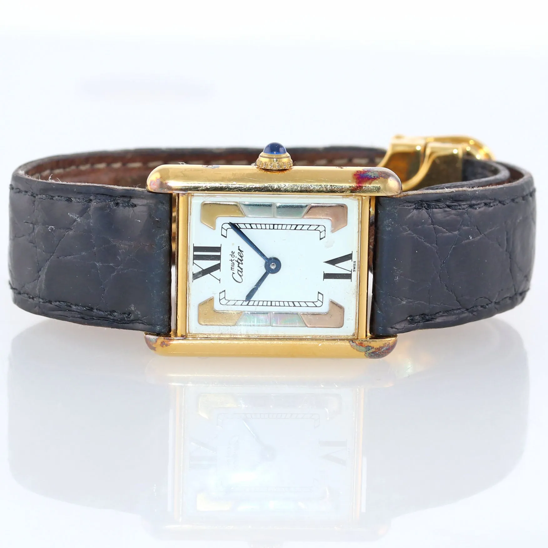 VTG Ladies Must de Cartier Tank Vermeil Gold Tri Color White Roman Quartz Watch