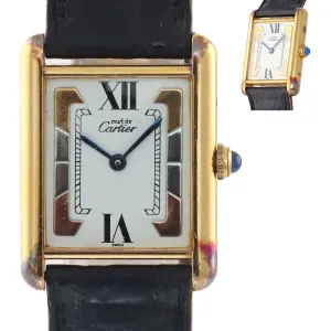 VTG Ladies Must de Cartier Tank Vermeil Gold Tri Color White Roman Quartz Watch