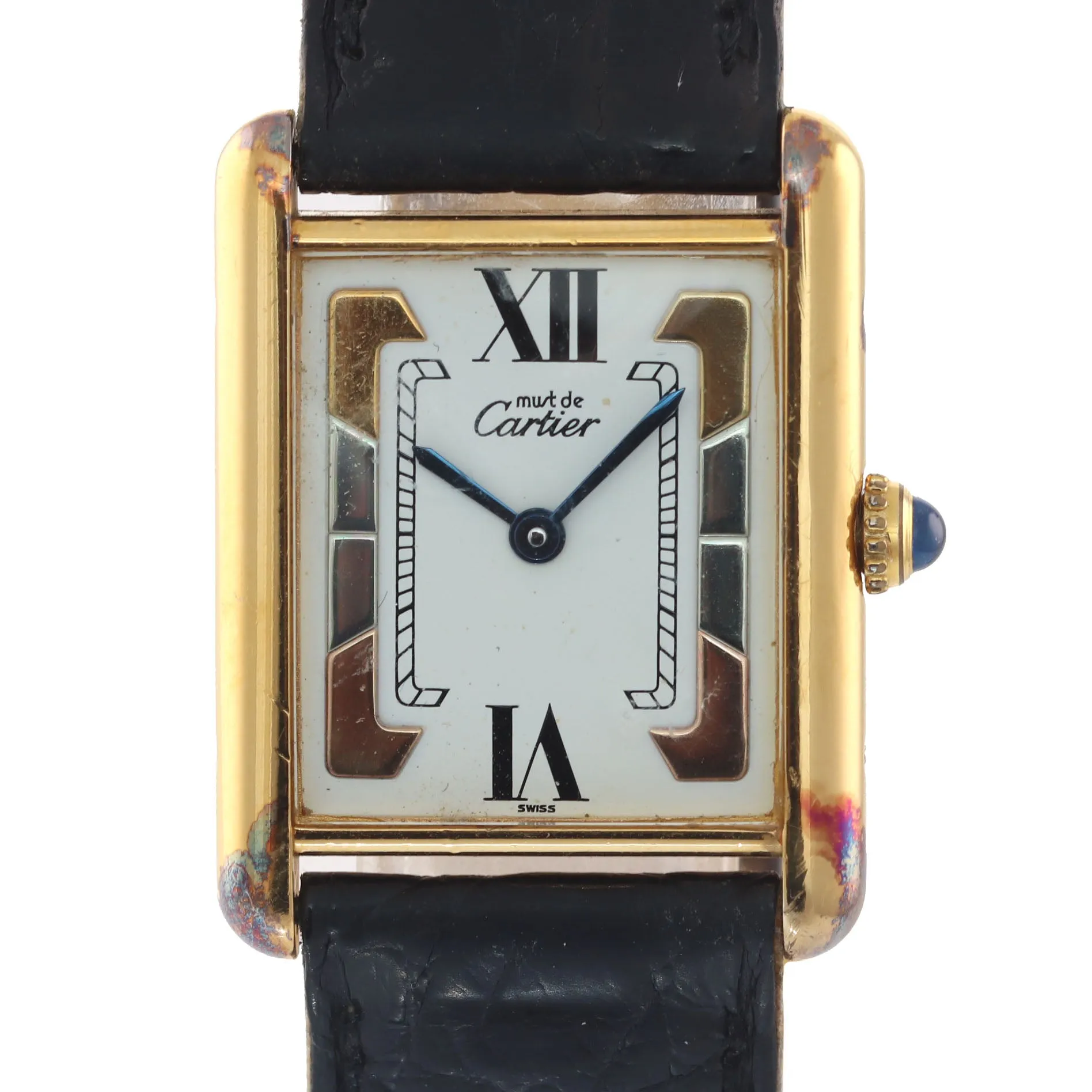VTG Ladies Must de Cartier Tank Vermeil Gold Tri Color White Roman Quartz Watch