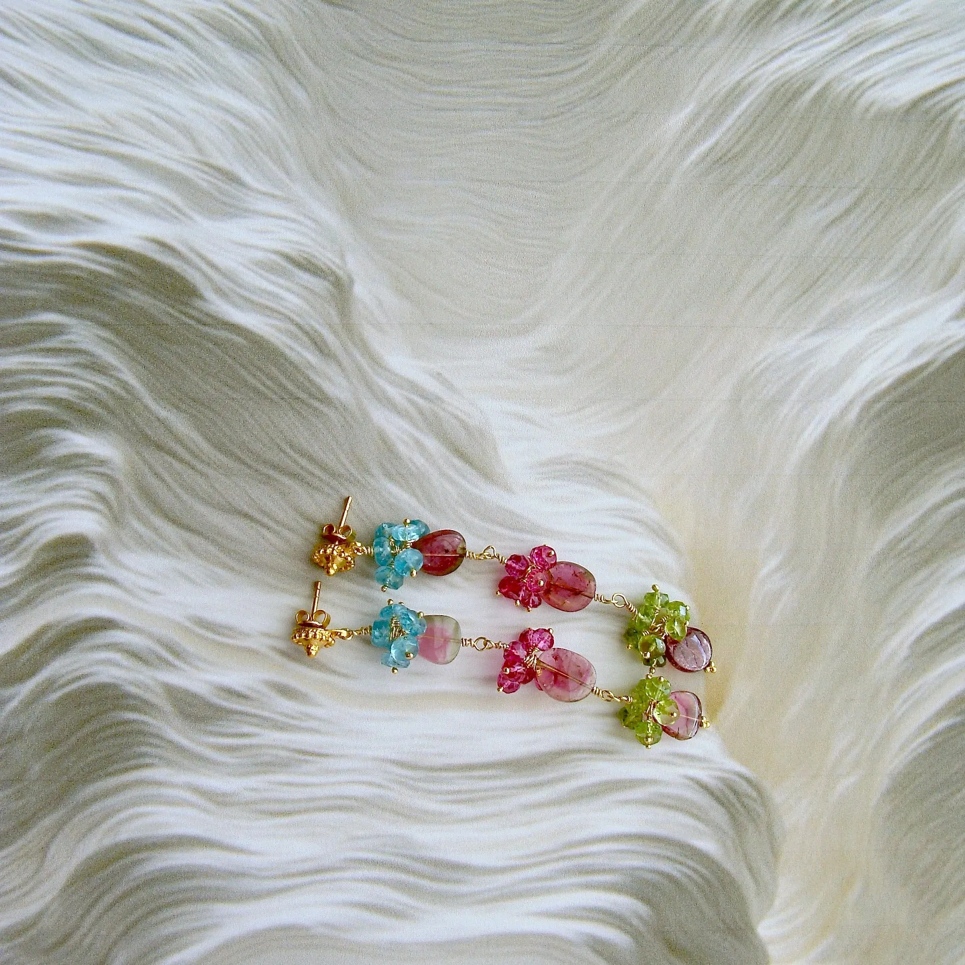 Watermelon Tourmaline Slices Pink Topaz Apatite Peridot Duster Earrings - Andrea IV Earrings