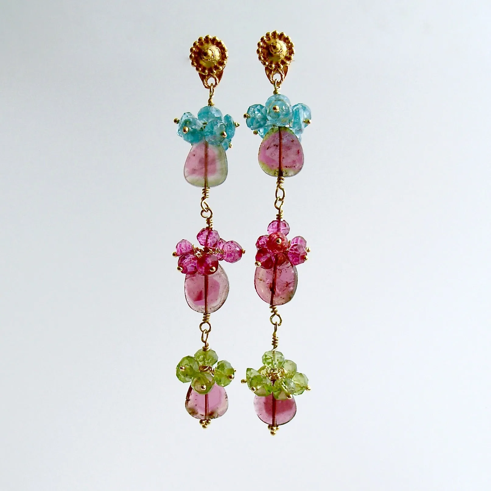Watermelon Tourmaline Slices Pink Topaz Apatite Peridot Duster Earrings - Andrea IV Earrings