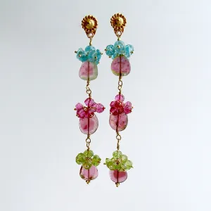 Watermelon Tourmaline Slices Pink Topaz Apatite Peridot Duster Earrings - Andrea IV Earrings