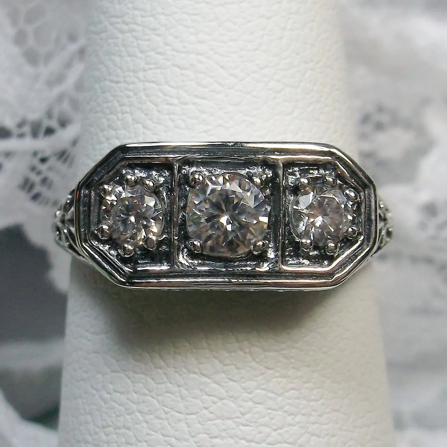 White CZ Ring, Sterling Silver Lily Leaf Filigree, Edwardian Jewelry #D197