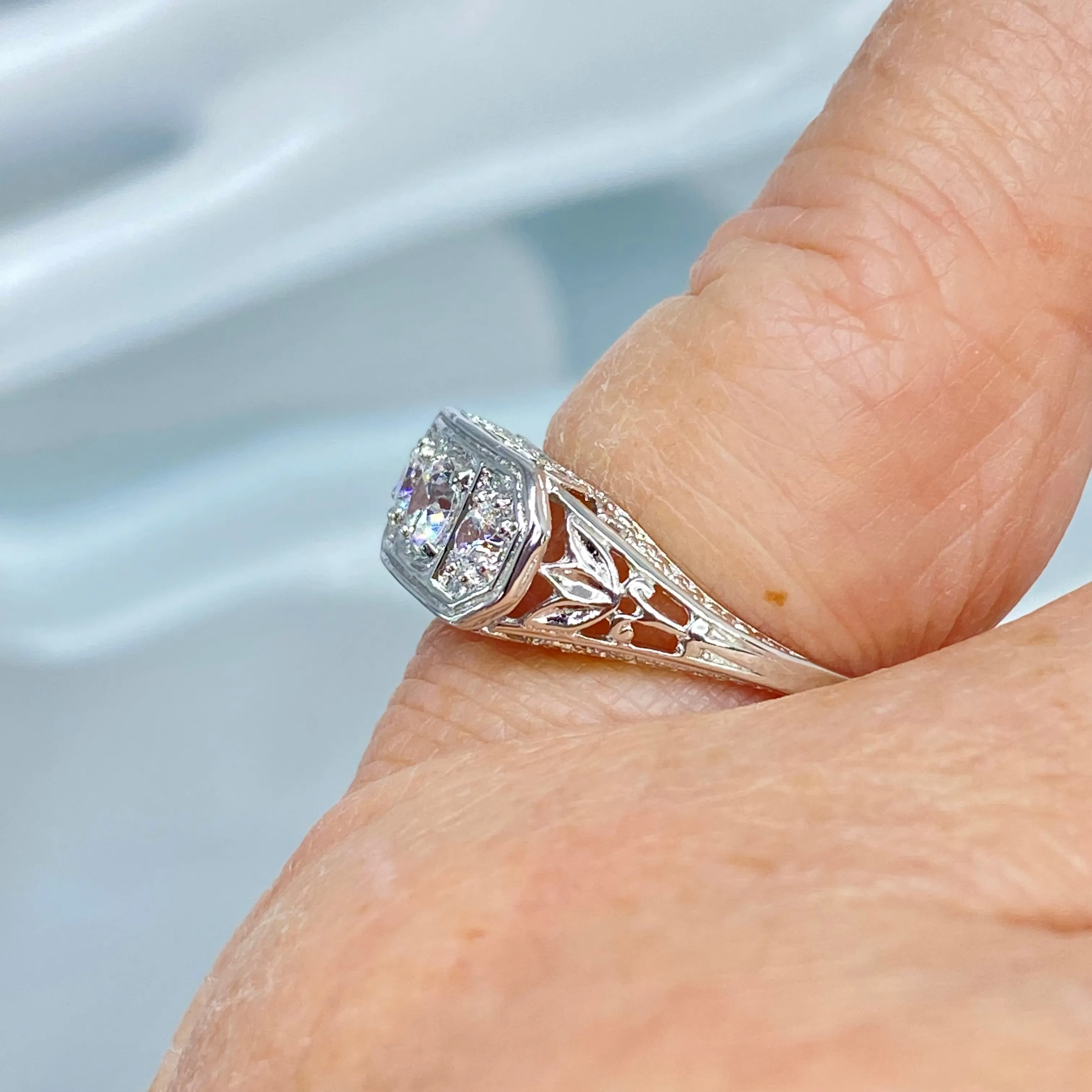 White CZ Ring, Sterling Silver Lily Leaf Filigree, Edwardian Jewelry #D197