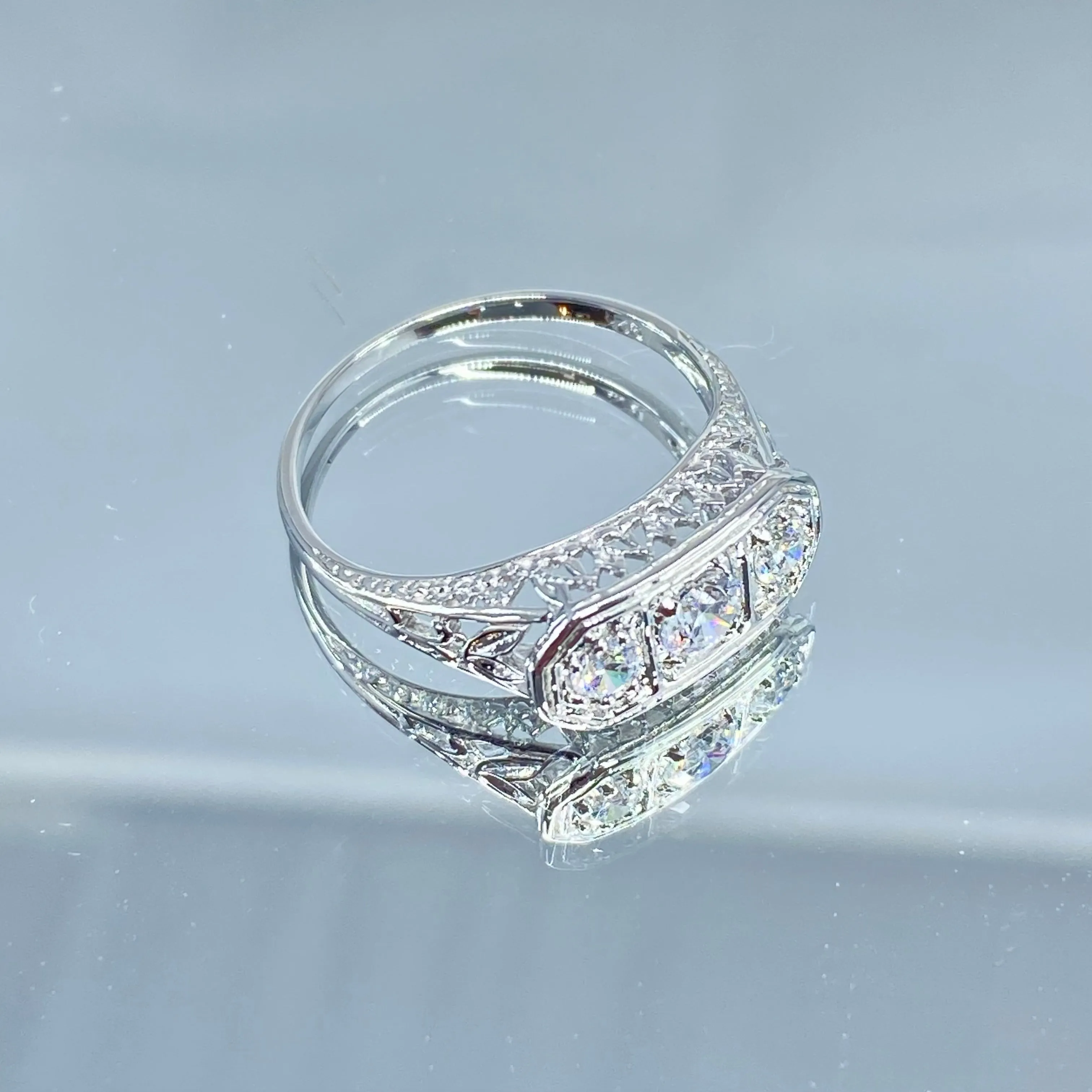 White CZ Ring, Sterling Silver Lily Leaf Filigree, Edwardian Jewelry #D197