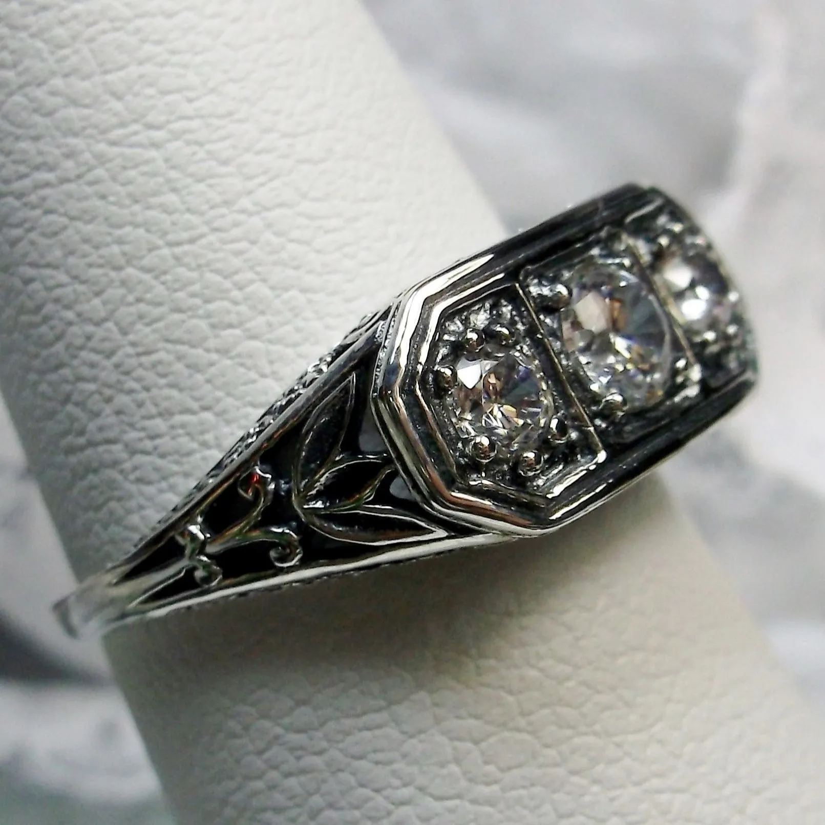 White CZ Ring, Sterling Silver Lily Leaf Filigree, Edwardian Jewelry #D197