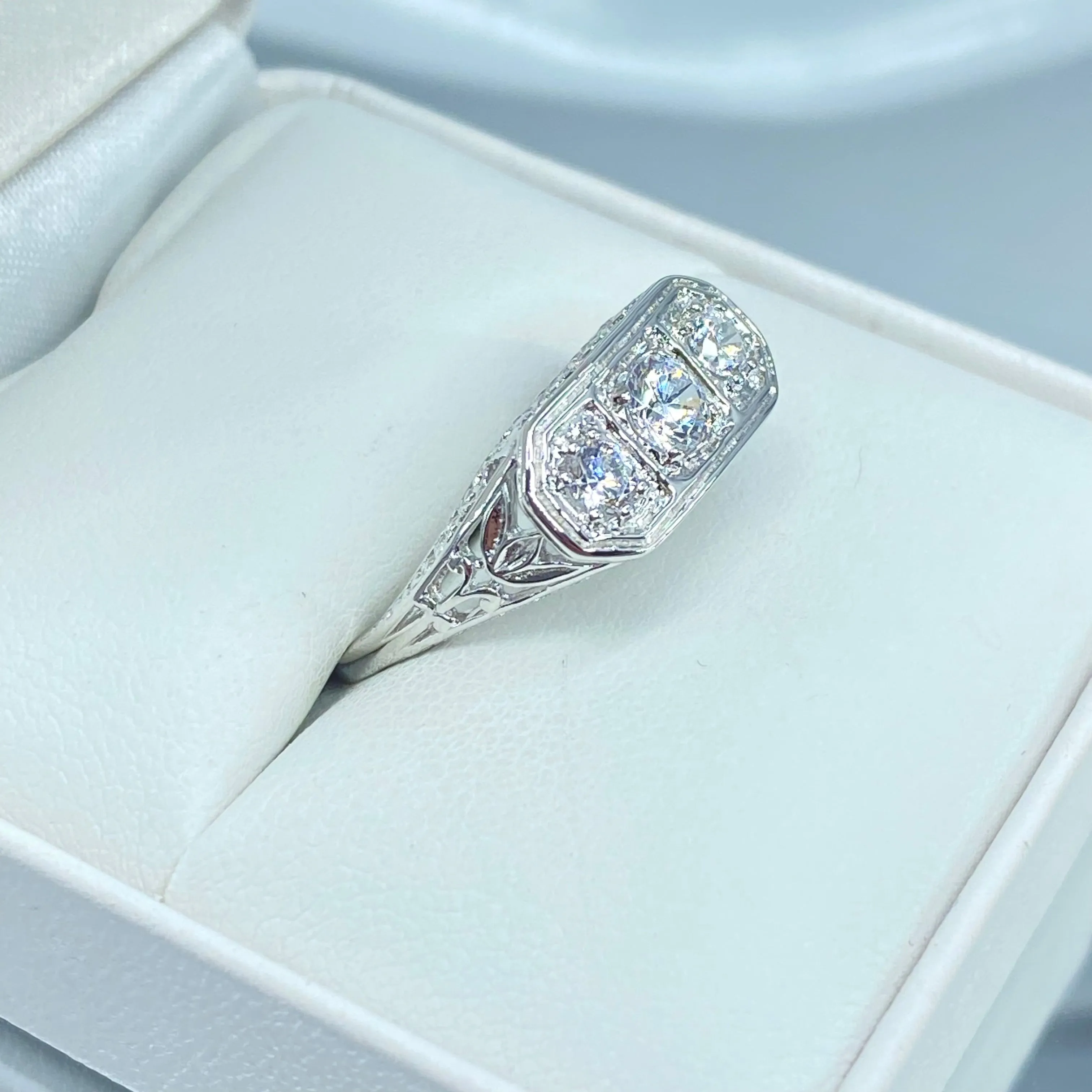 White CZ Ring, Sterling Silver Lily Leaf Filigree, Edwardian Jewelry #D197
