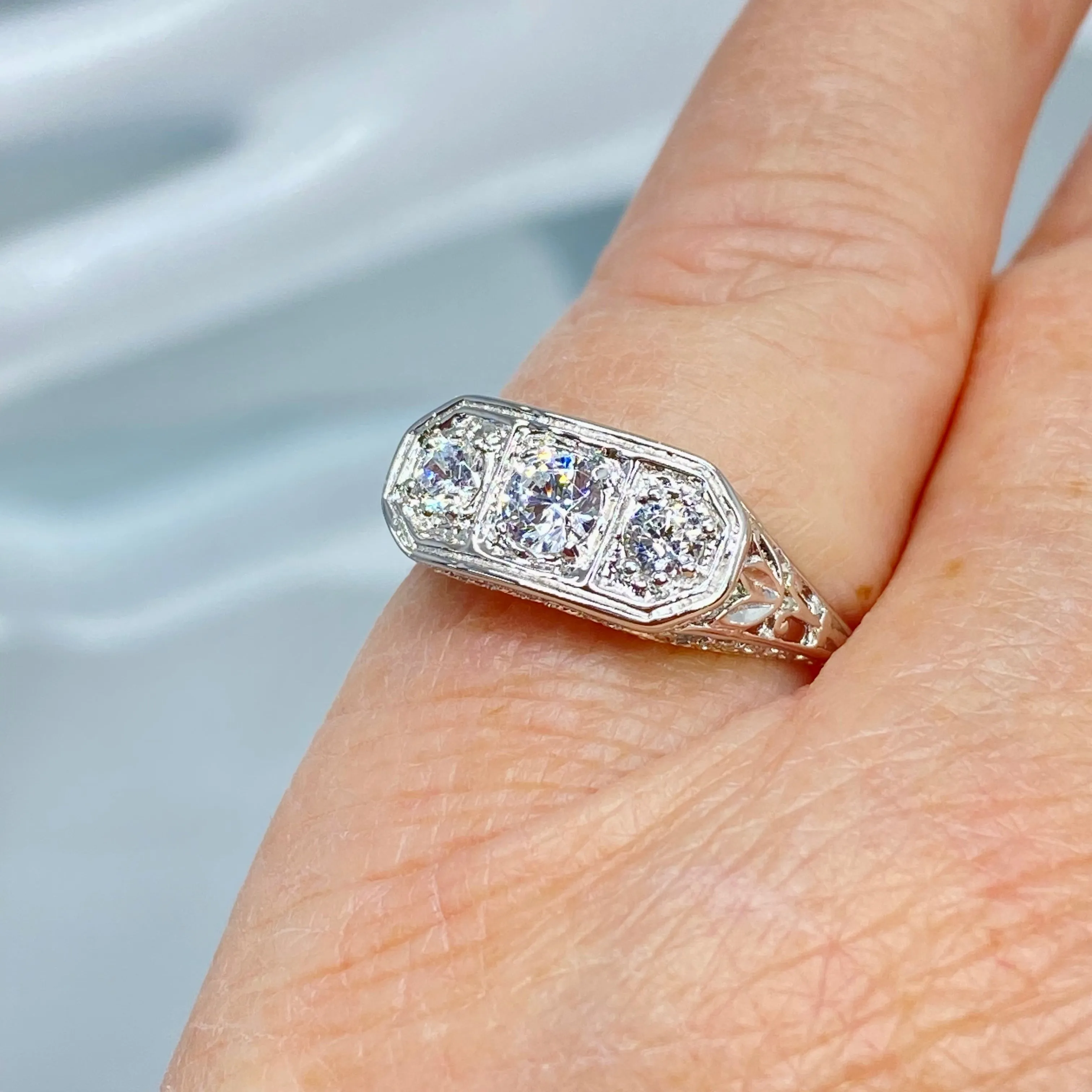 White CZ Ring, Sterling Silver Lily Leaf Filigree, Edwardian Jewelry #D197