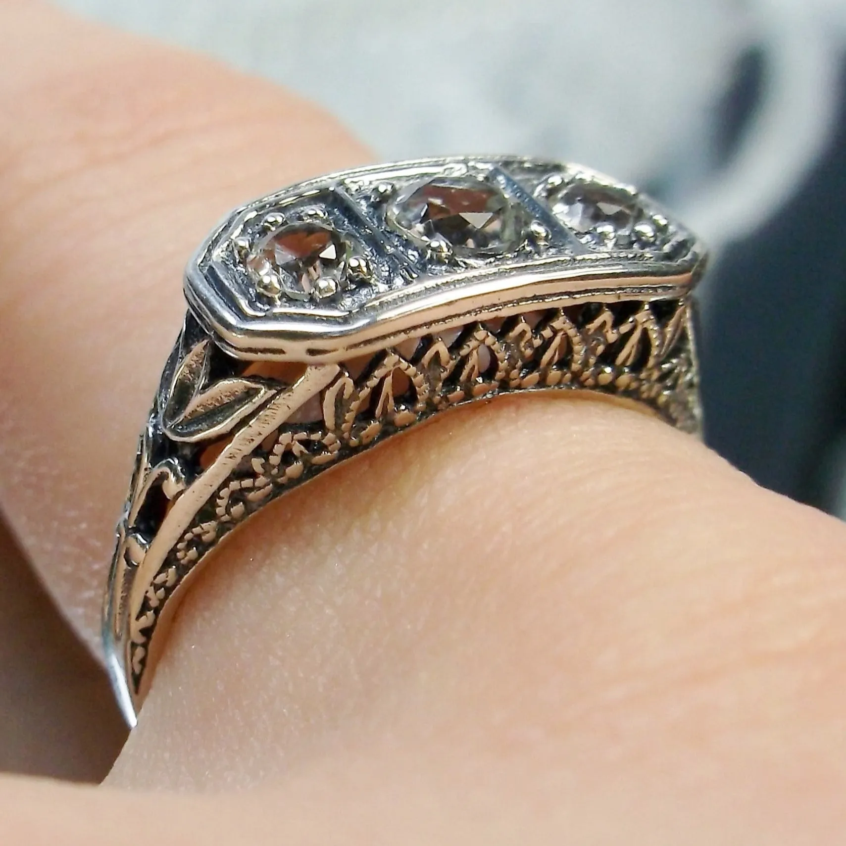 White CZ Ring, Sterling Silver Lily Leaf Filigree, Edwardian Jewelry #D197
