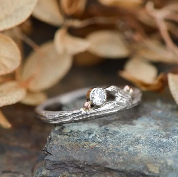 White Gold Diamond & Roses Twig Ring - your choice of stone