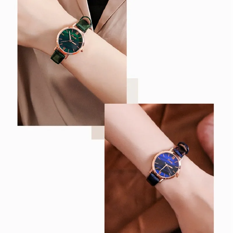 Women's Watch Green aurora dial leather strap cool summer watch