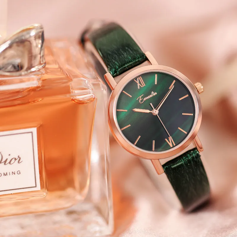 Women's Watch Green aurora dial leather strap cool summer watch