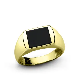 Yellow Gold-Plated Men's Simple Silver Ring with Natural Black Onyx Stone
