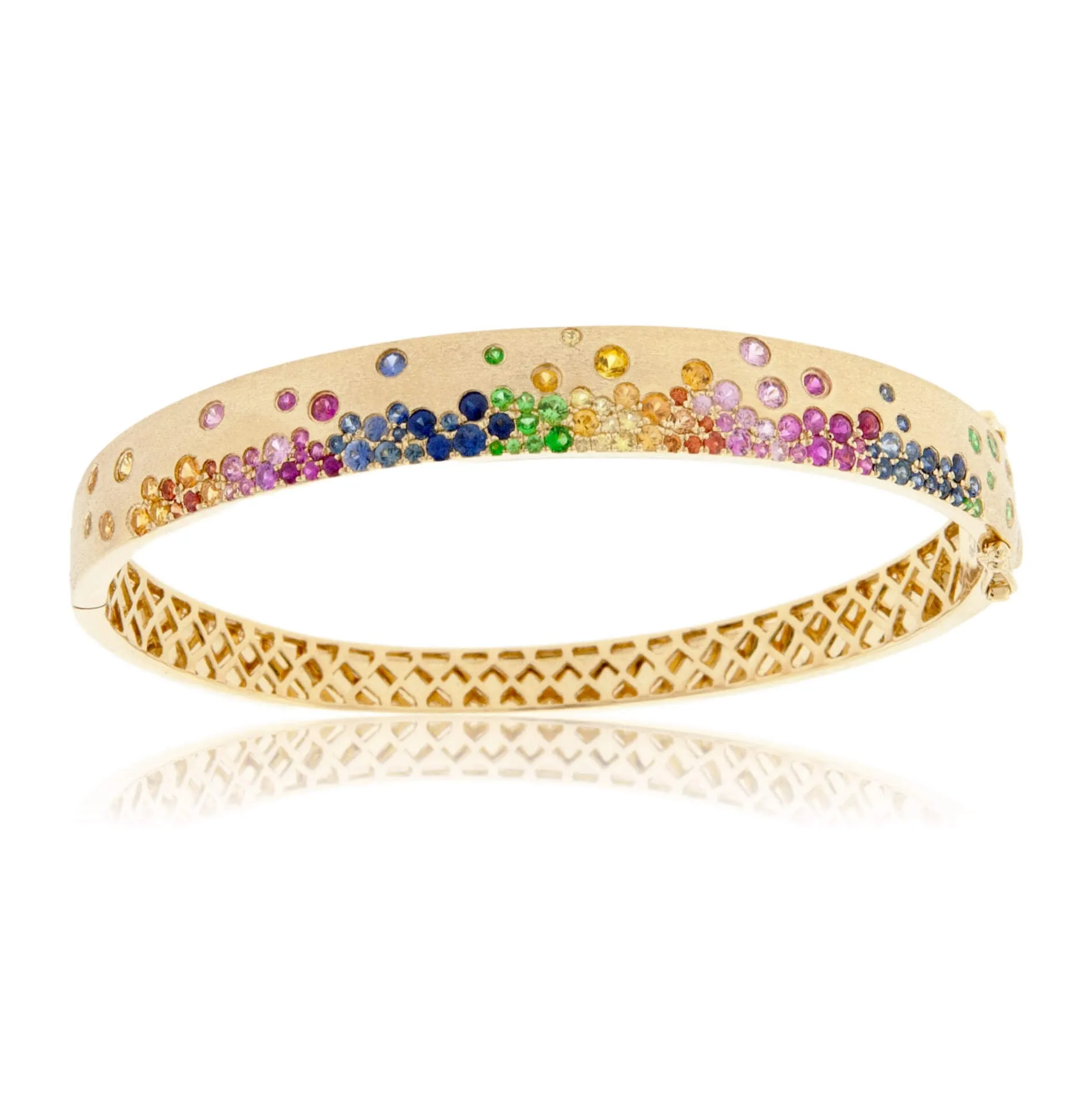 Yellow Gold Satin Finish Flush Set Rainbow Sapphire Bracelet