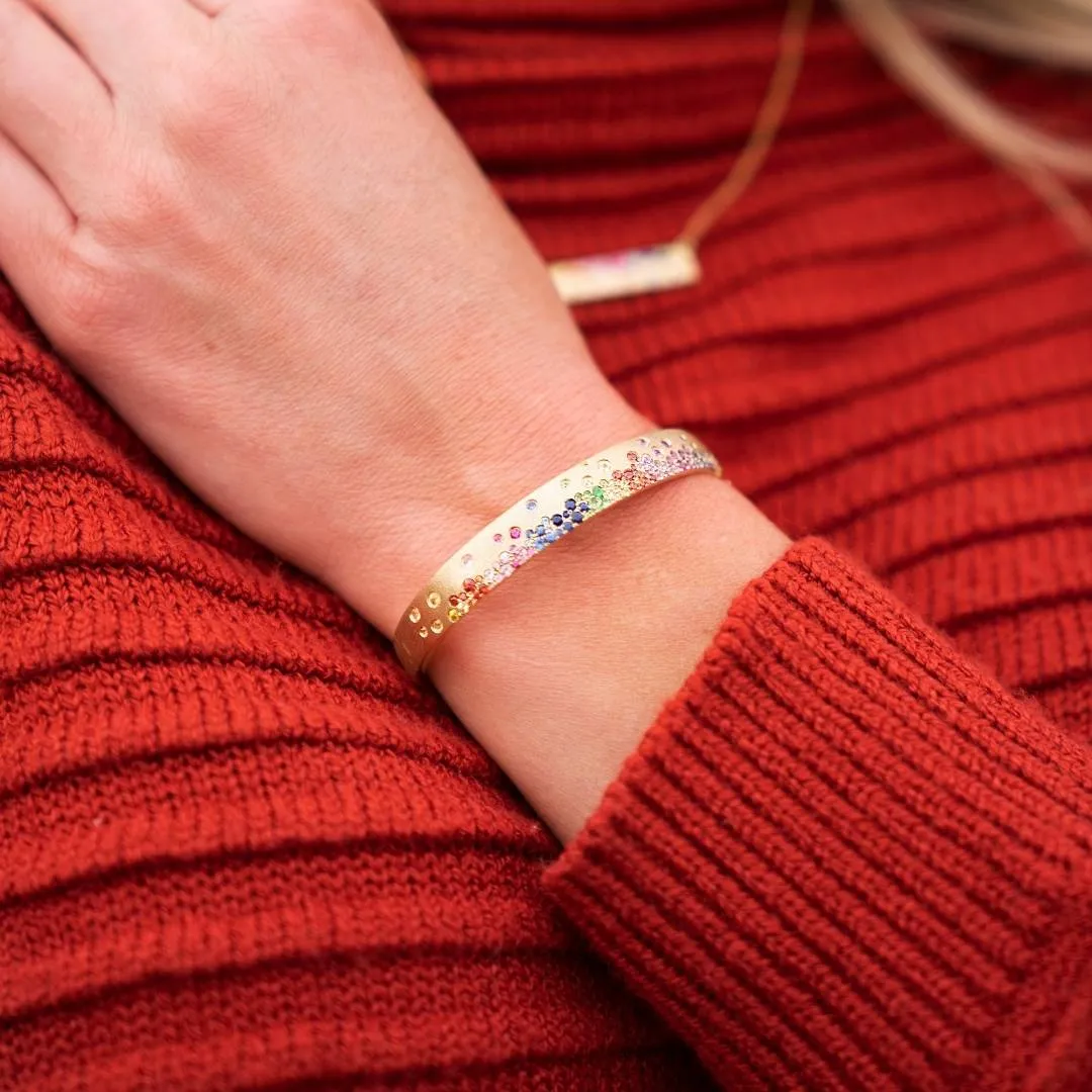 Yellow Gold Satin Finish Flush Set Rainbow Sapphire Bracelet