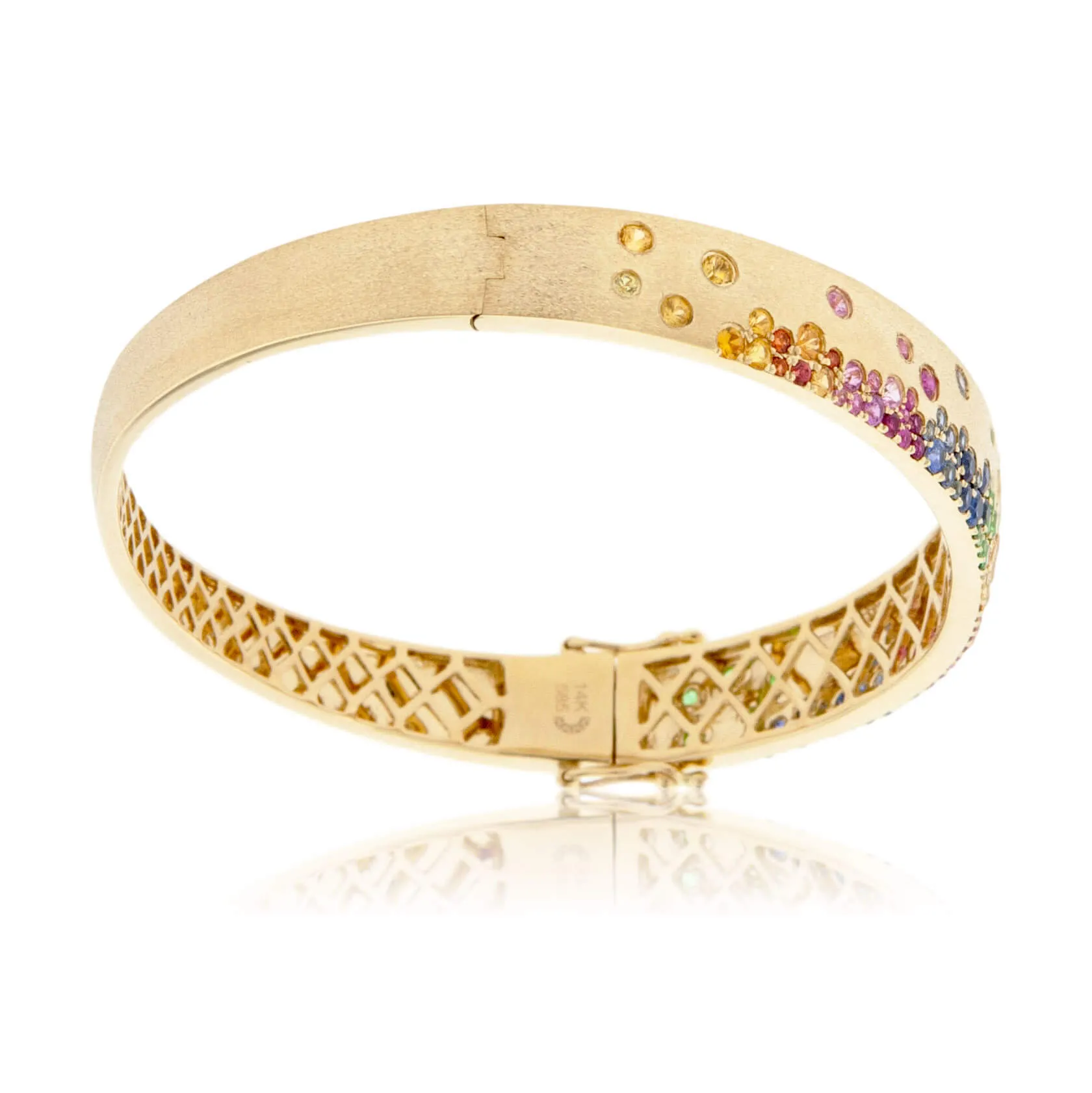 Yellow Gold Satin Finish Flush Set Rainbow Sapphire Bracelet